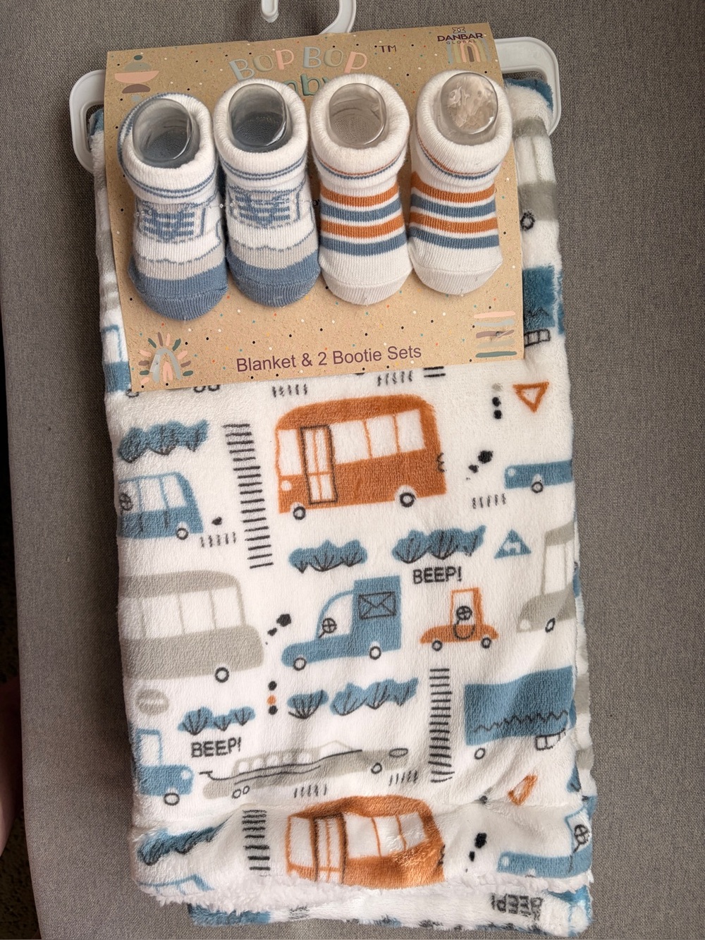 Bop Bop Baby Boys' Blue & Orange Vehicle Blanket with 2 Bootie Gift Set